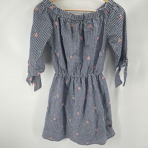 Le Lis blue gingham checkered floral flower embroidery off shoulder mini dress S